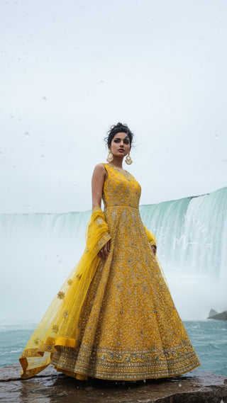 Mustard Yellow Silver Embroidered Anarkali Gown