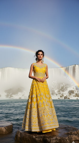 Golden Yellow Silver Embroidered Lehenga Set