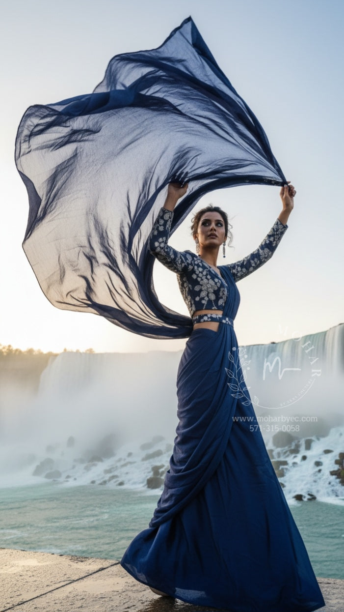 Navy Blue Embroidered Net Pre- Stitched Saree with Cut Out Blouse
