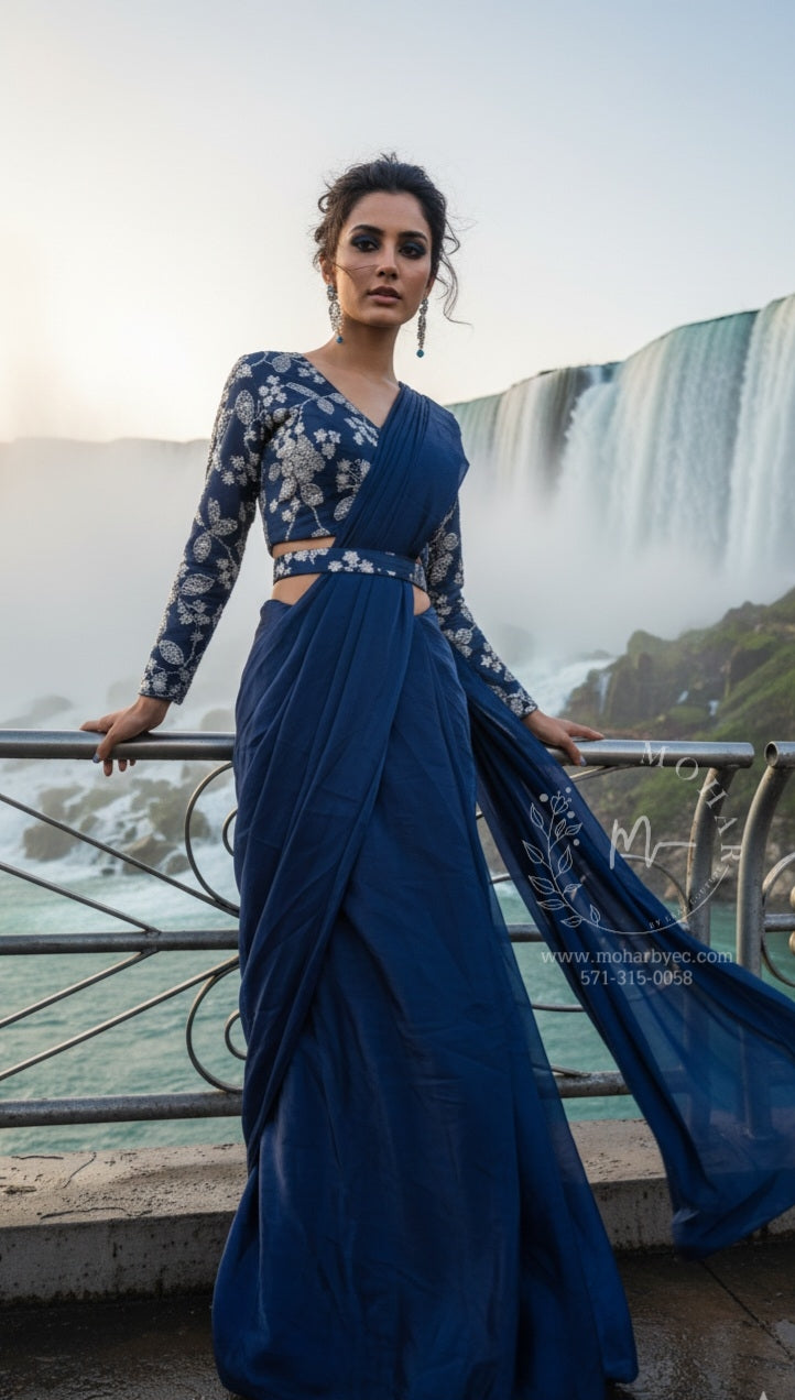 Navy Blue Embroidered Net Pre- Stitched Saree with Cut Out Blouse