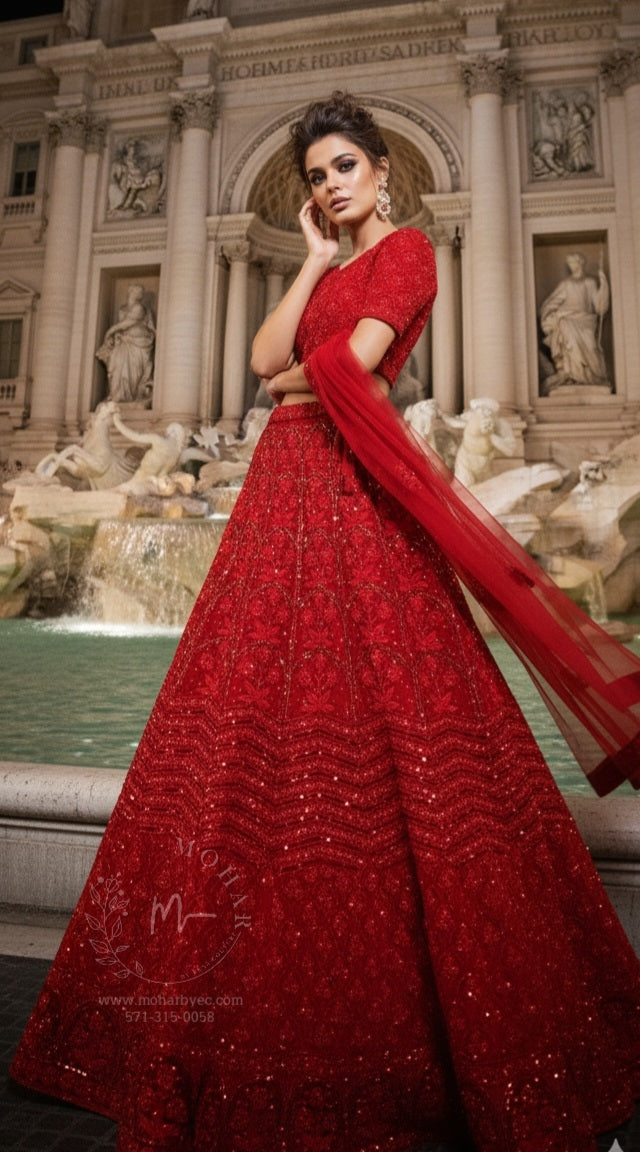 Maroon Sequin Embroidered Bridal Lehenga Set