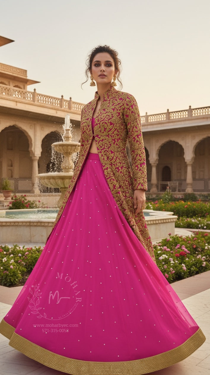 Hot Pink Lehenga with Gold Embroidered Jacket