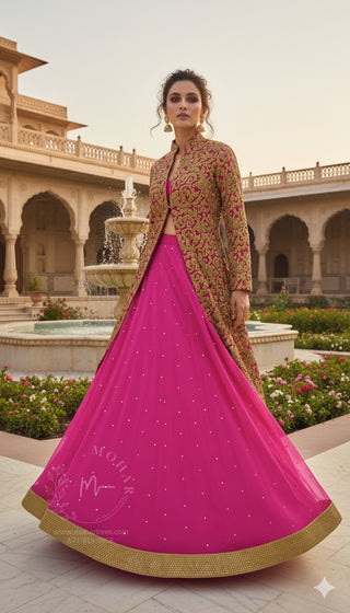 Hot Pink Lehenga with Gold Embroidered Jacket