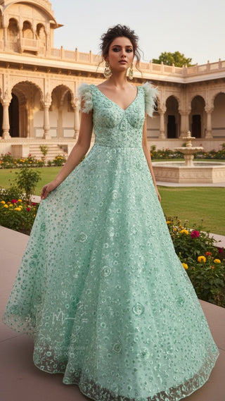 Mint Green Embroidered Ball Gown with Floral Embellishments & Feather Details