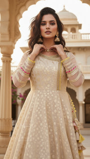 Cream Embroidered Anarkali Gown with Colorful Border