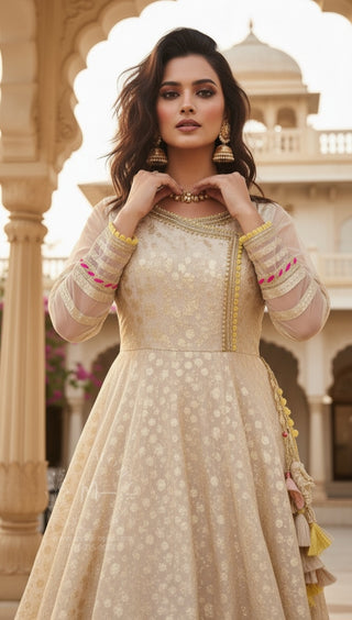 Cream Embroidered Anarkali Gown with Colorful Border