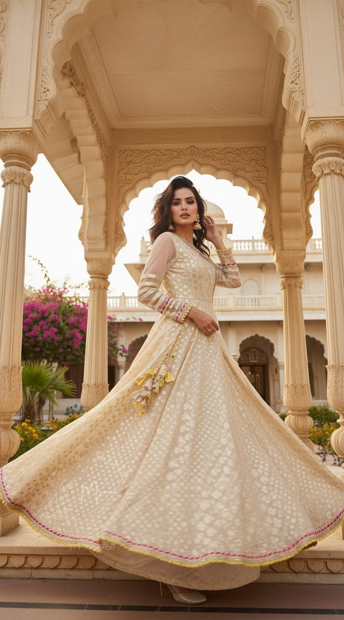 Cream Embroidered Anarkali Gown with Colorful Border