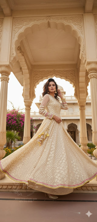 Cream Embroidered Anarkali Gown with Colorful Border