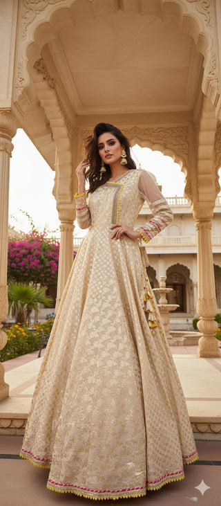 Cream Embroidered Anarkali Gown with Colorful Border