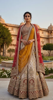 Ivory & Mustard Sequin Embroidered Bridal Lehenga with Red Dupatta