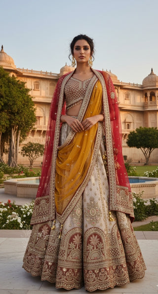 Ivory & Mustard Sequin Embroidered Bridal Lehenga with Red Dupatta