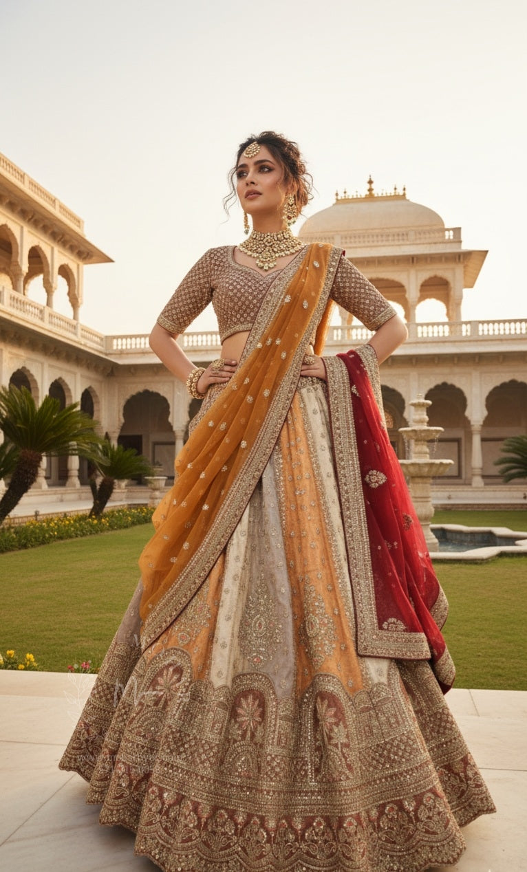 Ivory & Mustard Sequin Embroidered Bridal Lehenga with Red Dupatta