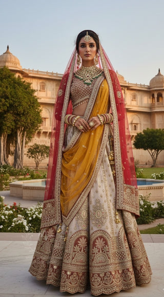 Ivory & Mustard Sequin Embroidered Bridal Lehenga with Red Dupatta