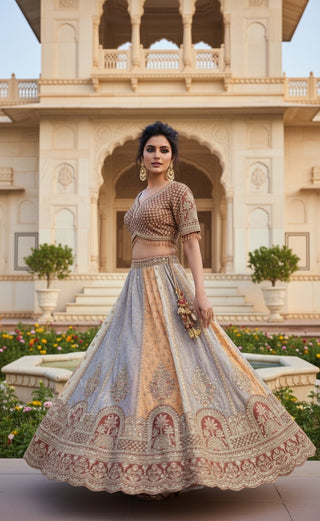 Ivory & Mustard Sequin Embroidered Bridal Lehenga with Red Dupatta