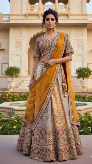 Ivory & Mustard Sequin Embroidered Bridal Lehenga with Red Dupatta