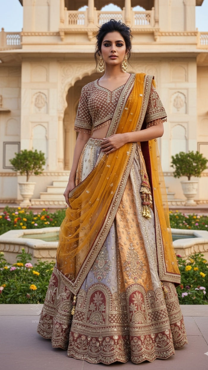 Ivory & Mustard Sequin Embroidered Bridal Lehenga with Red Dupatta
