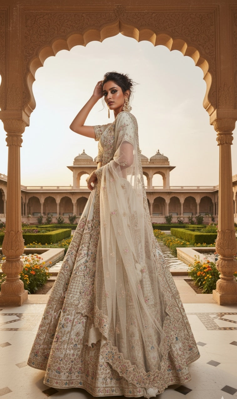 Ivory Gold Embroidered Bridal Lehenga Set