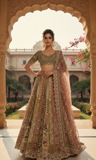 Rose Gold Bronze Embroidered Bridal Lehenga Set