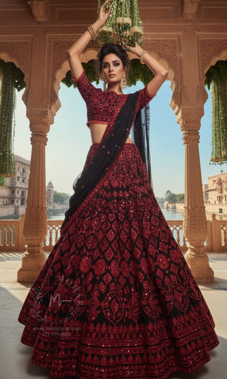 Red Black Sequin Embroidered Bridal Lehenga Set