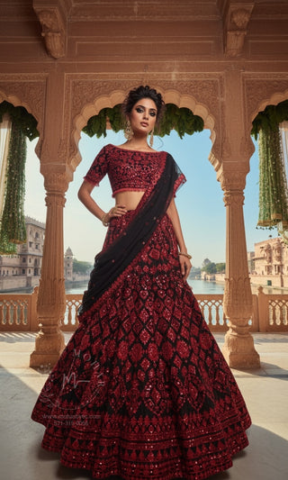 Red Black Sequin Embroidered Bridal Lehenga Set