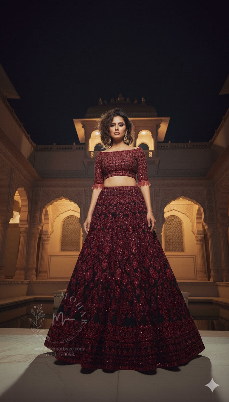 Red Black Sequin Embroidered Bridal Lehenga Set