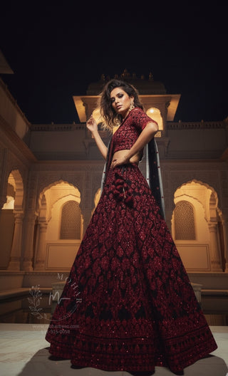 Red Black Sequin Embroidered Bridal Lehenga Set