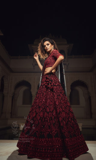 Red Black Sequin Embroidered Bridal Lehenga Set