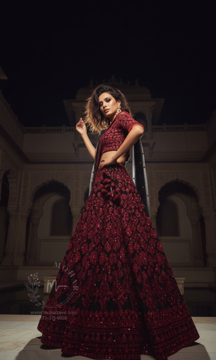 Red Black Sequin Embroidered Bridal Lehenga Set