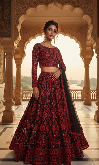 Red Black Sequin Embroidered Bridal Lehenga Set