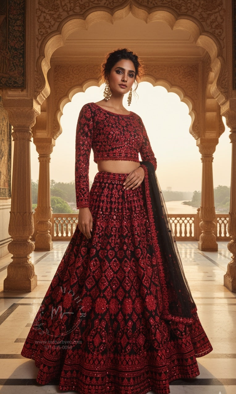 Red Black Sequin Embroidered Bridal Lehenga Set