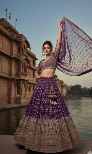 Purple Gold Embroidered Bridal Lehenga Set