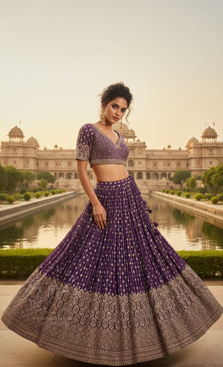 Purple Gold Embroidered Bridal Lehenga Set