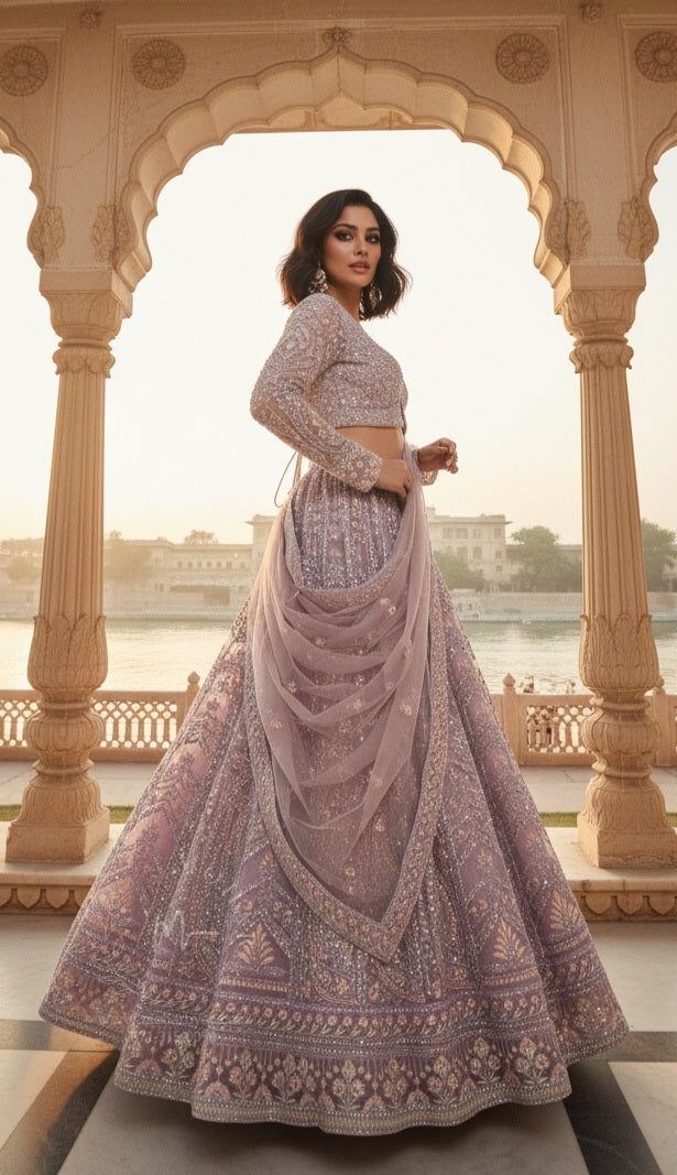 Lavender Silver Embroidered Bridal Lehenga Set