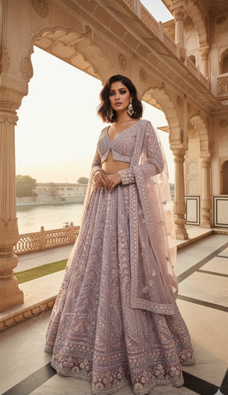 Lavender Silver Embroidered Bridal Lehenga Set
