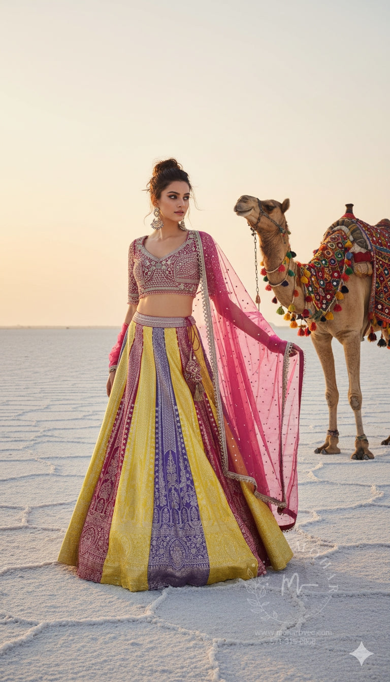 Multicolor Embroidered Silk Lehenga Choli with Pink Dupatta