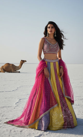 Multicolor Embroidered Silk Lehenga Choli with Pink Dupatta