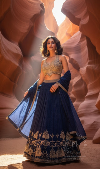 Navy Blue Embroidered Silk Lehenga Choli with Gold Detailing