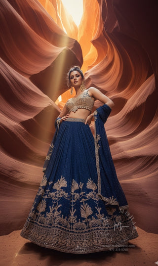 Navy Blue Embroidered Silk Lehenga Choli with Gold Detailing