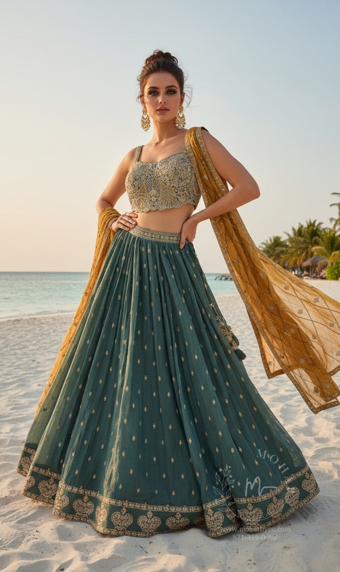Green Embroidered Silk Lehenga Choli