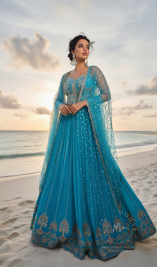 Turquoise Embellished Georgette Lehenga Choli