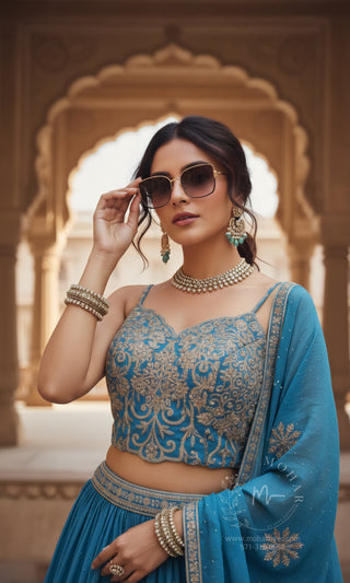 Teal Blue Embroidered Silk Lehenga Choli
