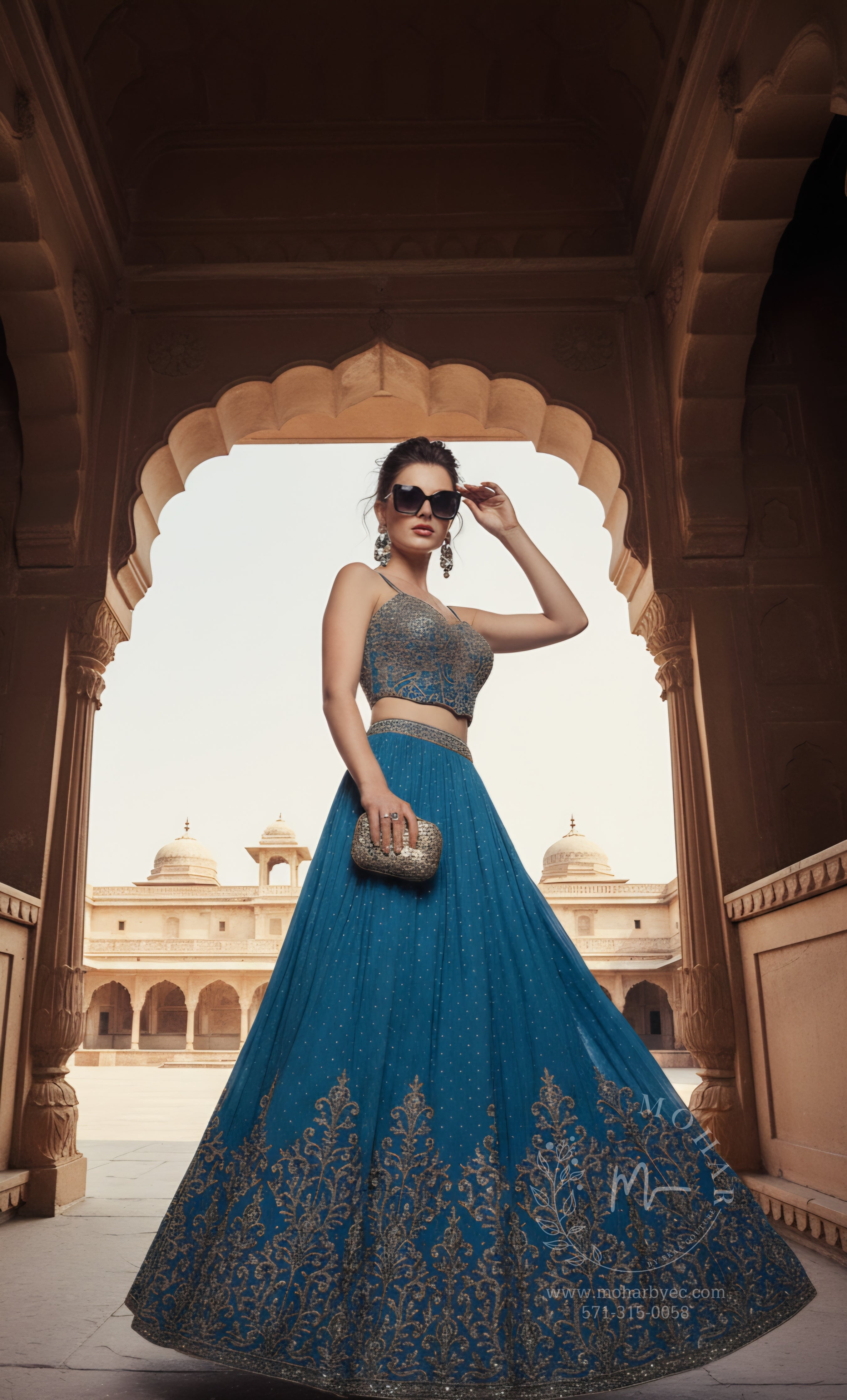 Teal Blue Embroidered Silk Lehenga Choli