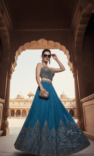 Teal Blue Embroidered Silk Lehenga Choli