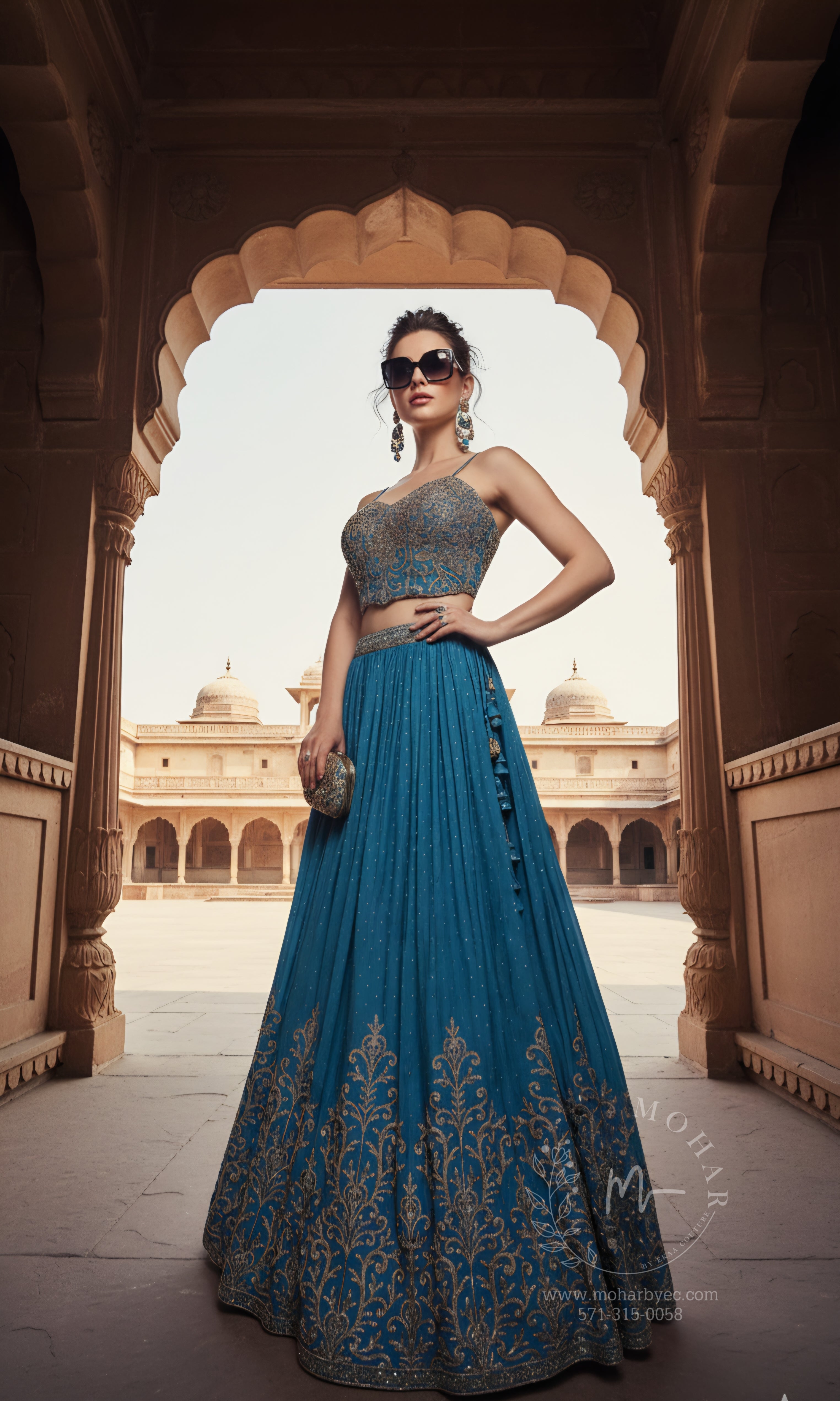 Teal Blue Embroidered Silk Lehenga Choli