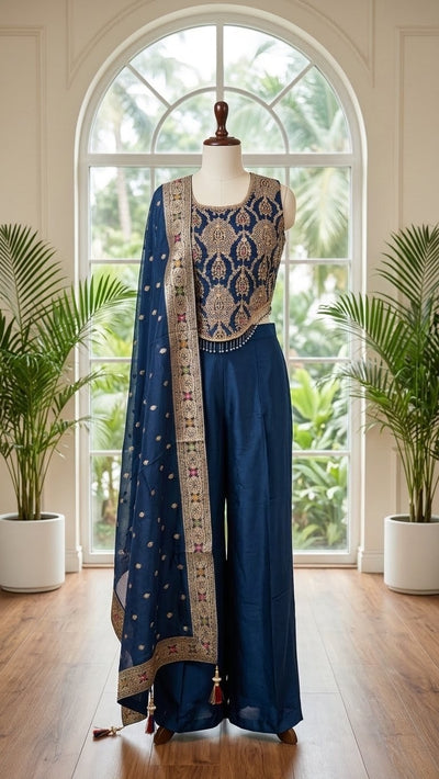 Navy Blue Shimmer Sharara Set