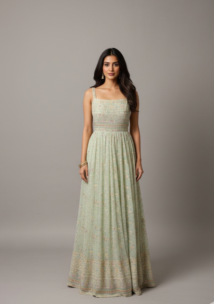 Pastel Mint Green Embroidered Maxi Dress