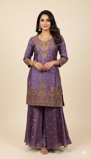 Purple Golden Embroidered Sharara Set
