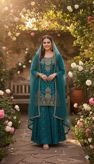 Teal Golden Embroidered Sharara Set