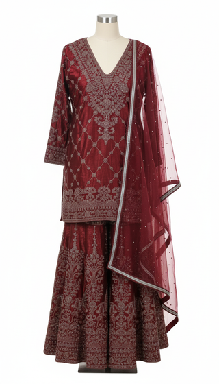Maroon Silver Embroidered Sharara Set