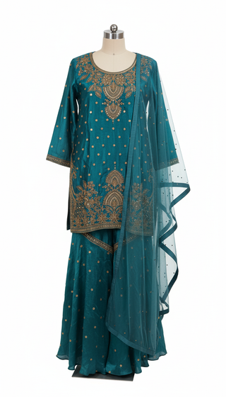 Teal Golden Embroidered Sharara Set